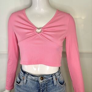 Pink Ribbed Ruched Crop Top Rhinestone Ring Y2K Long Sleeve Medium